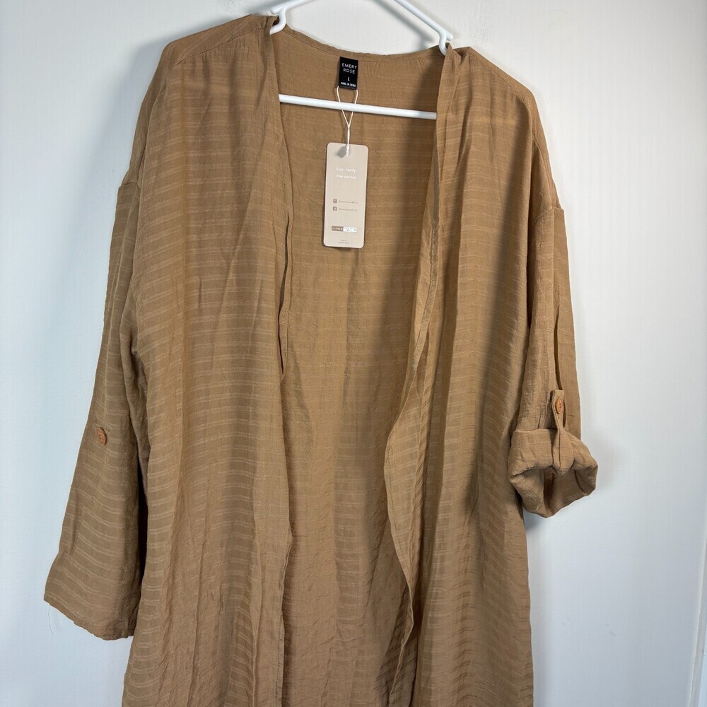 EMERY ROSE NEW Open Front Cardigan Womens L Brown Lightweight Roll-Tab Sleeve